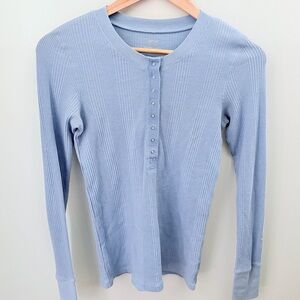 Aerie Ribbed Henley Top XS Light Blue Long Sleeve Fitted Soft Basic